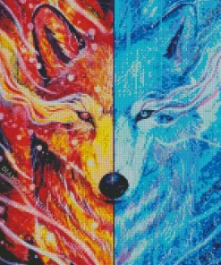 Blue And Red Fire Wolf Art Diamond Painting