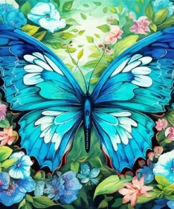 Blue Butterfly And Flowers Diamond Painting