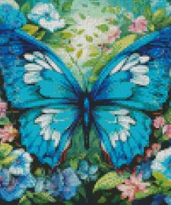 Blue Butterfly And Flowers Diamond Painting