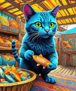 Blue Cat And Goldfish Diamond Painting