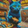 Blue Cat And Goldfish Diamond Painting