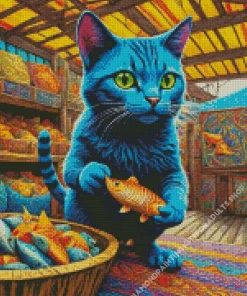 Blue Cat And Goldfish Diamond Painting