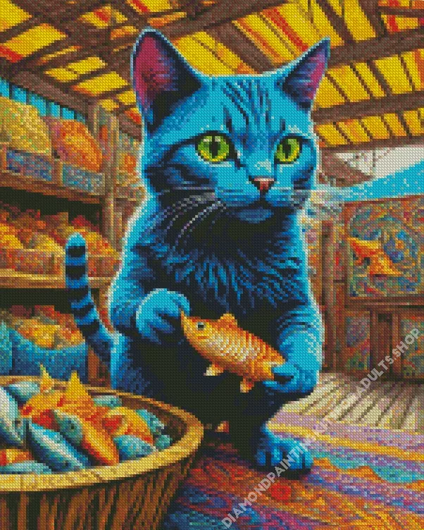 blue cat and goldfish Diamond With Numbers Blue Cat And Goldfish Diamond Painting