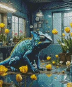Blue Chameleon And Tulips Diamond Painting