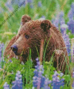 Brown Bear And Flowers Diamond Painting