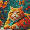 Fat Orange Cat And Butterflies Diamond Painting