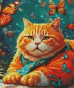 Fat Orange Cat And Butterflies Diamond Painting