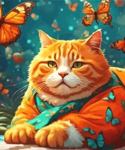 Fat Orange Cat And Butterflies Diamond Painting