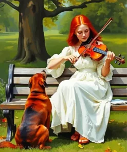 Girl Playing Violin And Dog Diamond Painting