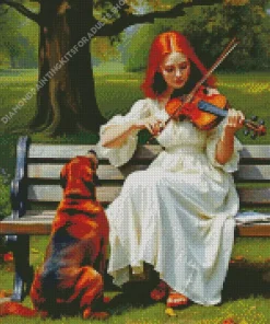 Girl Playing Violin And Dog Diamond Painting