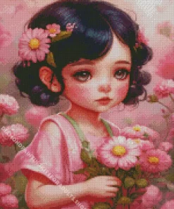 Pink Girl And Flowers Diamond Painting