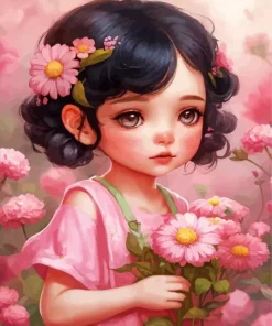 Pink Girl And Flowers Diamond Painting