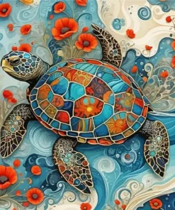 Turtle And Flowers Art Diamond Painting