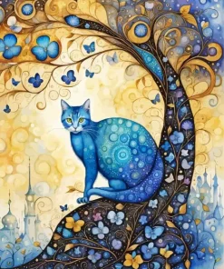 Blue Cat and Tree Diamond Painting