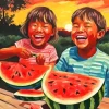 Brother And Sister Eating Watermelon Diamond Painting