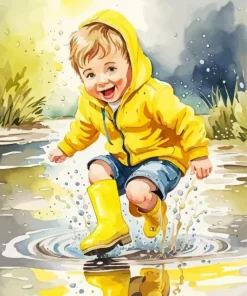 Little Boy Jumping In Puddle Diamond Painting