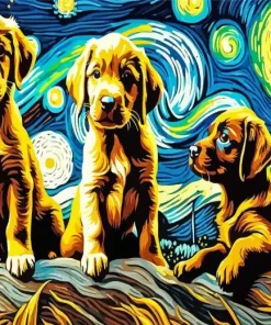 Starry Night Brown Puppies Diamond Painting