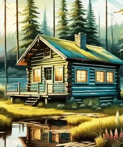 Aesthetic Forest Log Cabin Art Diamond Painting