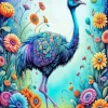 Blue Ostrich And Flowers Diamond Painting