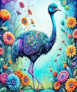 Blue Ostrich And Flowers Diamond Painting