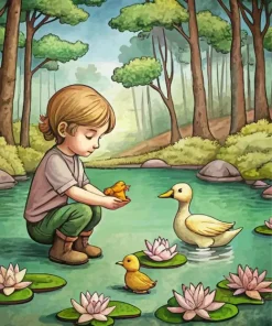Boy And Ducks Diamond Painting