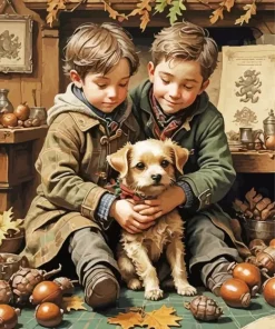 Boys Hugging Dog Diamond Painting