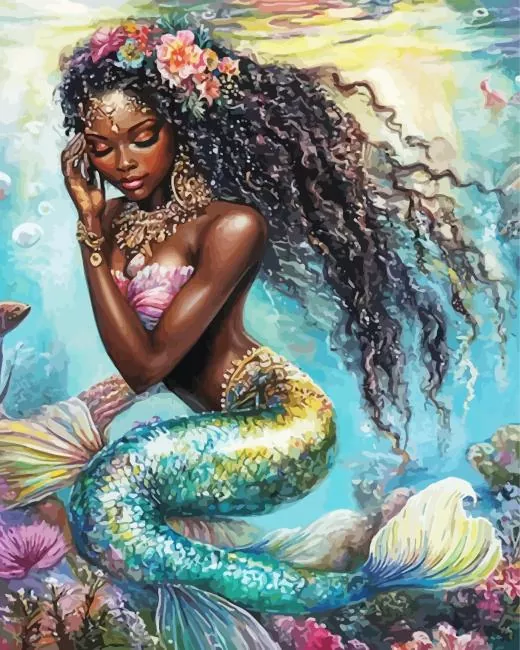 brown mermaid art Diamond By Numbers Brown Mermaid Art Diamond Painting