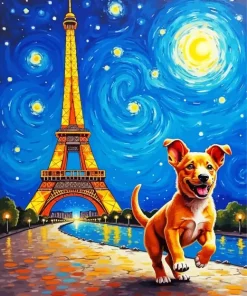 Eiffel Tower Starry Night And Happy Dog Diamond Painting