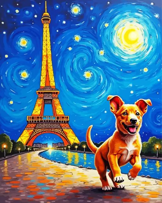 eiffel tower starry night and happy dog Diamond Paints Eiffel Tower Starry Night And Happy Dog Diamond Painting