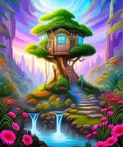 Enchanted Forest Treehouse Art Diamond Painting