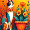 Flowers And Cat Folk Art Diamond Painting