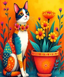 Flowers And Cat Folk Art Diamond Painting