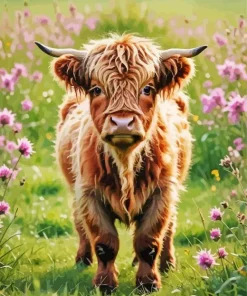 Fluffy Baby Brown Cow And Flowers Diamond Painting