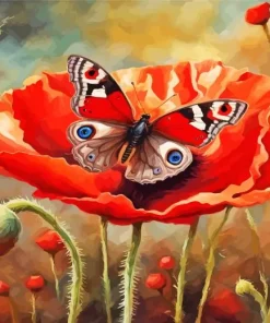 Butterfly On Red Flower Diamond Painting